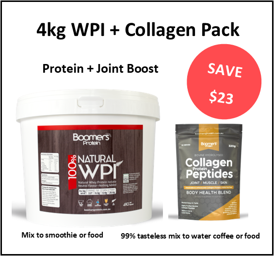 Boomers Whey Protein Isolate 4kg and Joint, Skin, Muscle, Collagen Peptides - Pack