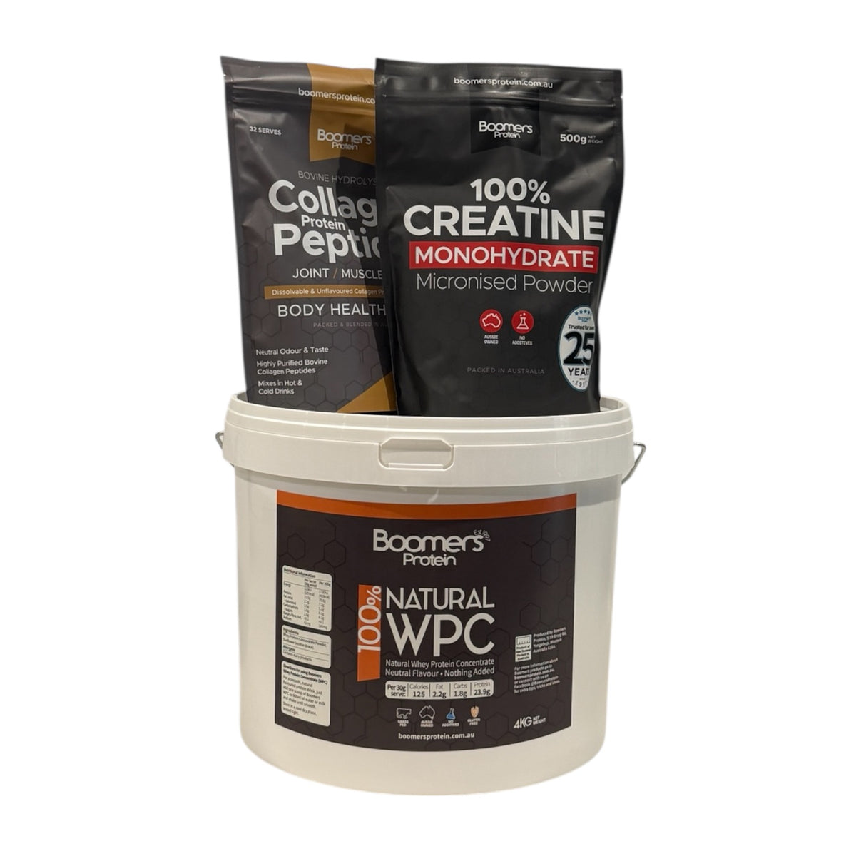 Boomers Whey Protein Concentrate 4kg + Collagen Protein Peptides 320g + Creatine 500g