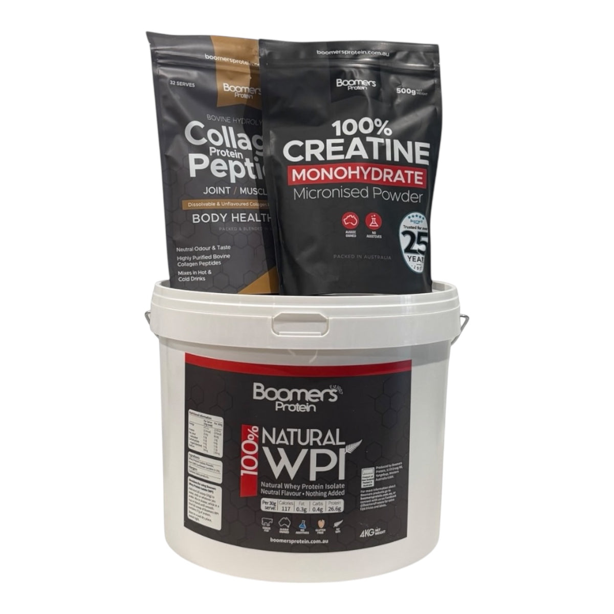 Boomers Whey Protein Isolate 4kg + Collagen Protein Peptides + Creatine Monohydrate - Pack