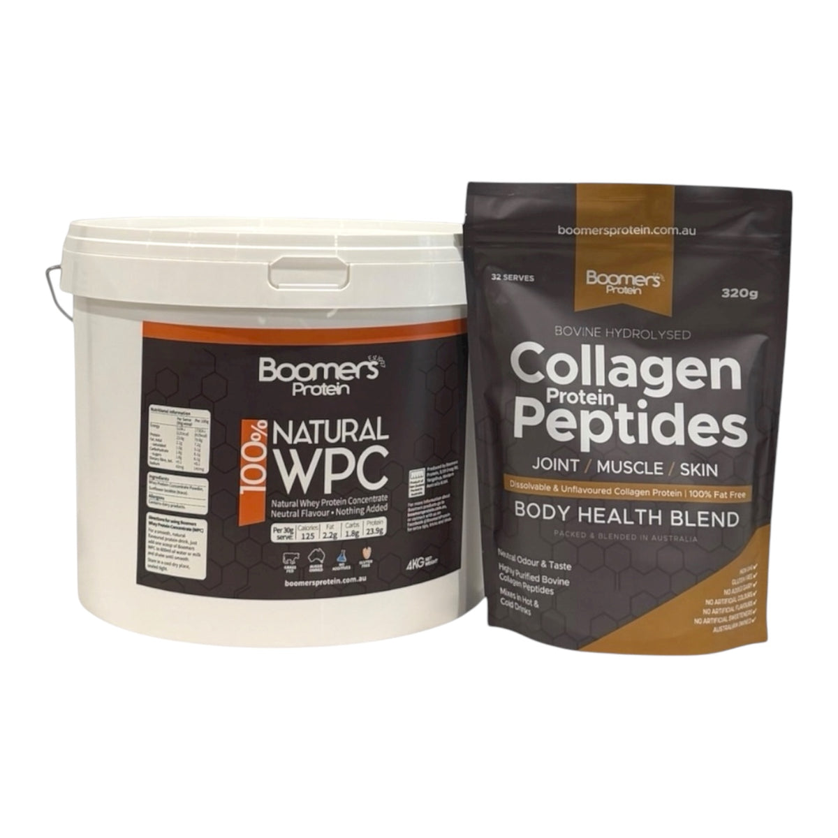 Boomers Whey Protein Concentrate 4kg and Joint, Skin, Muscle, Collagen Protein Peptides