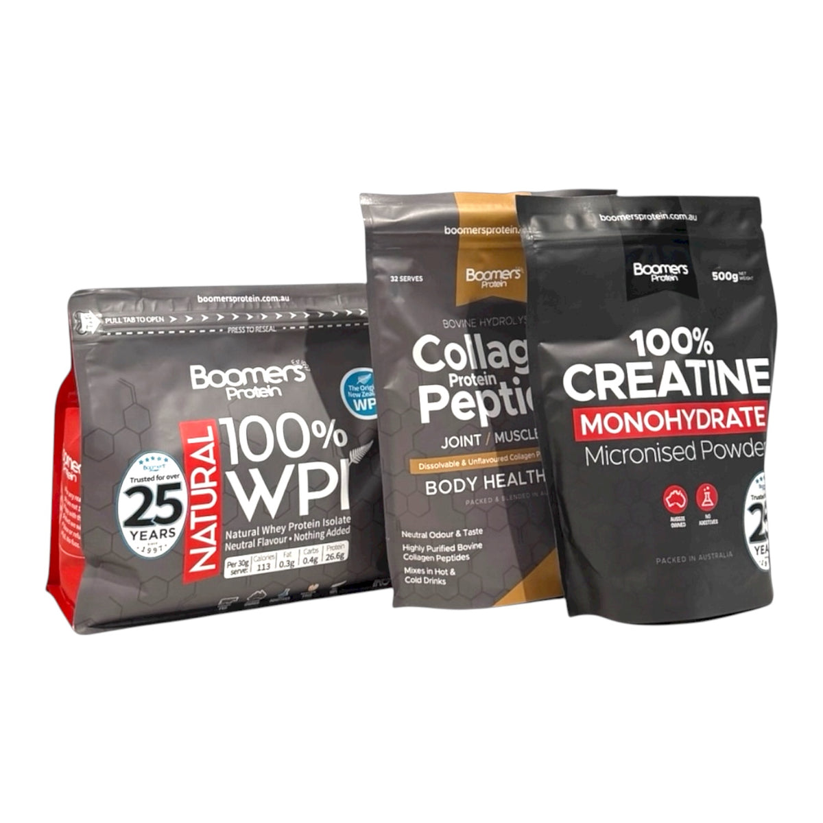 Boomers Whey Protein Isolate 1kg + Collagen Protein Peptides + Creatine Monohydrate - Pack