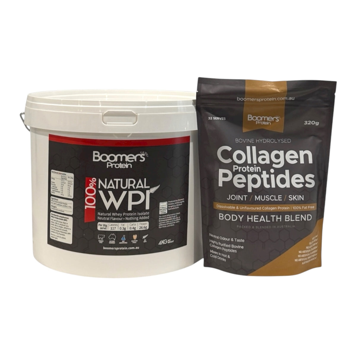 Boomers Whey Protein Isolate 4kg and Joint, Skin, Muscle, Collagen Protein Peptides 320g