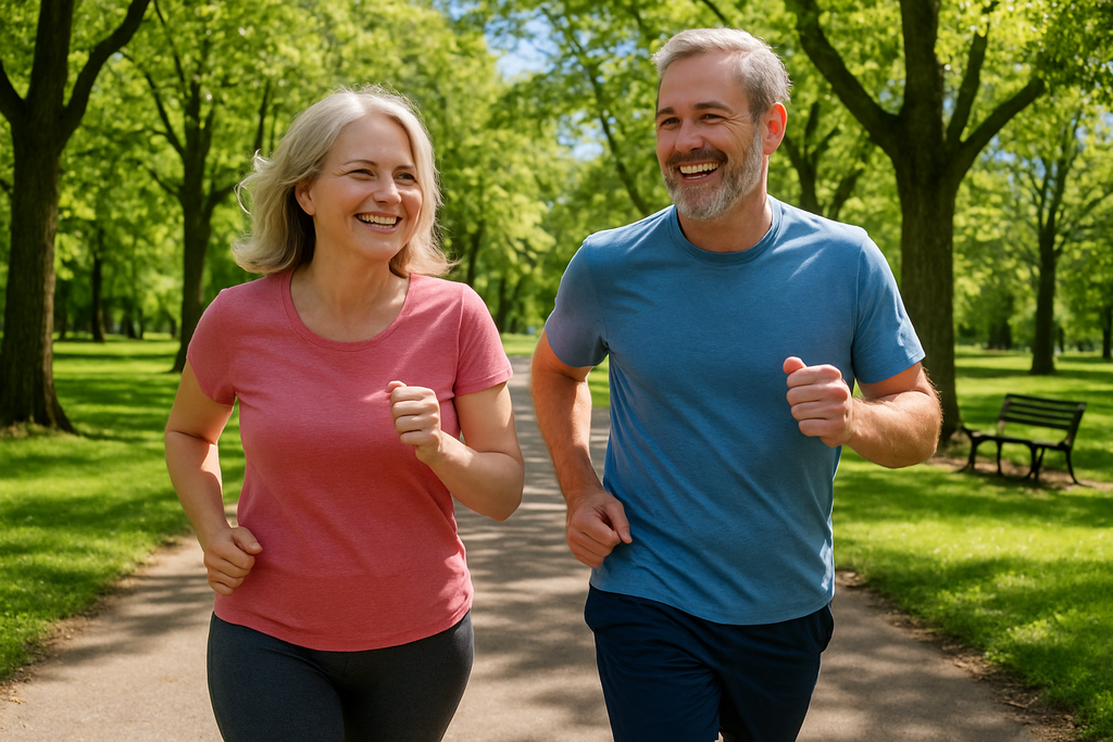 create a middle aged couple running together in a park