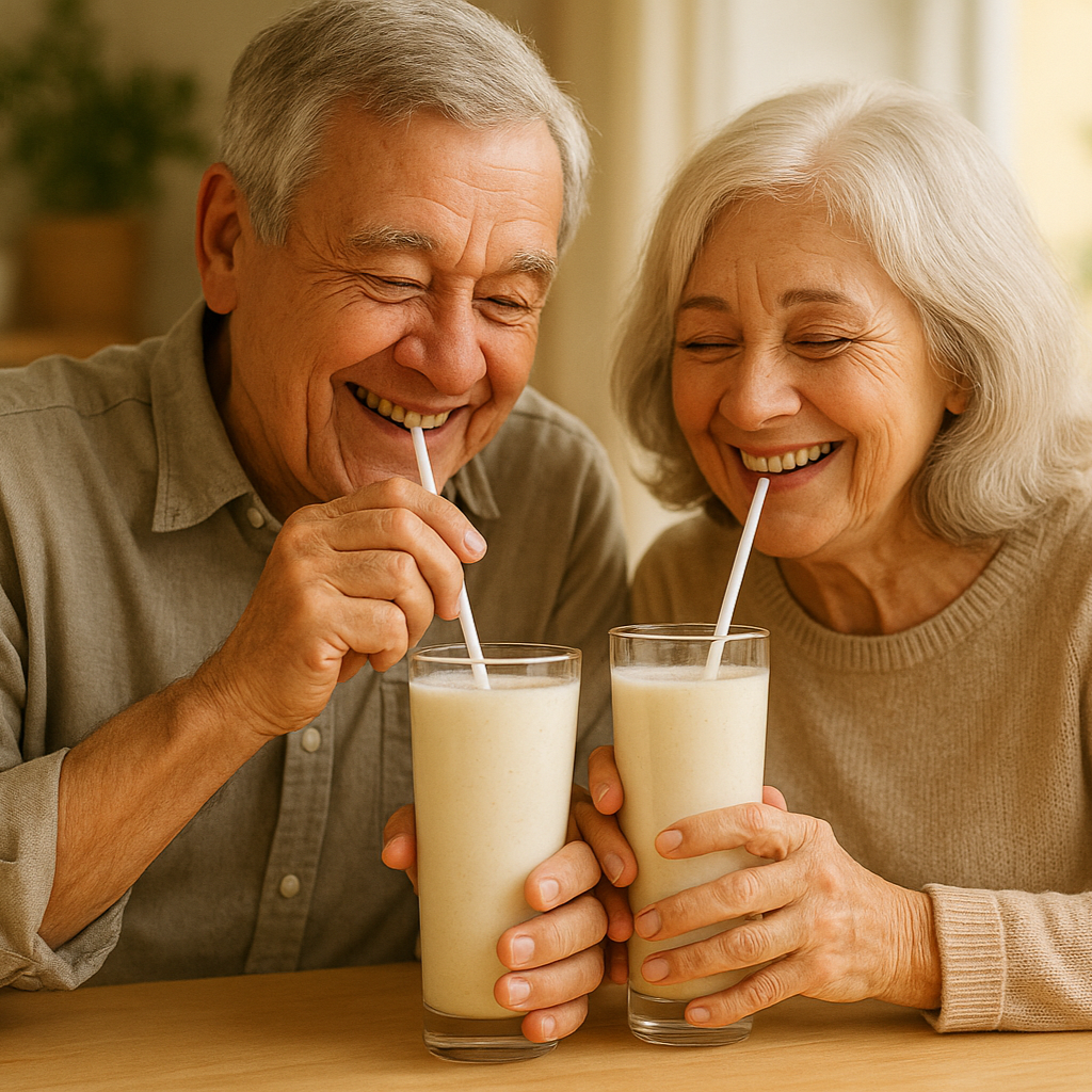 Show an older couple both drinking a milk smoothy
